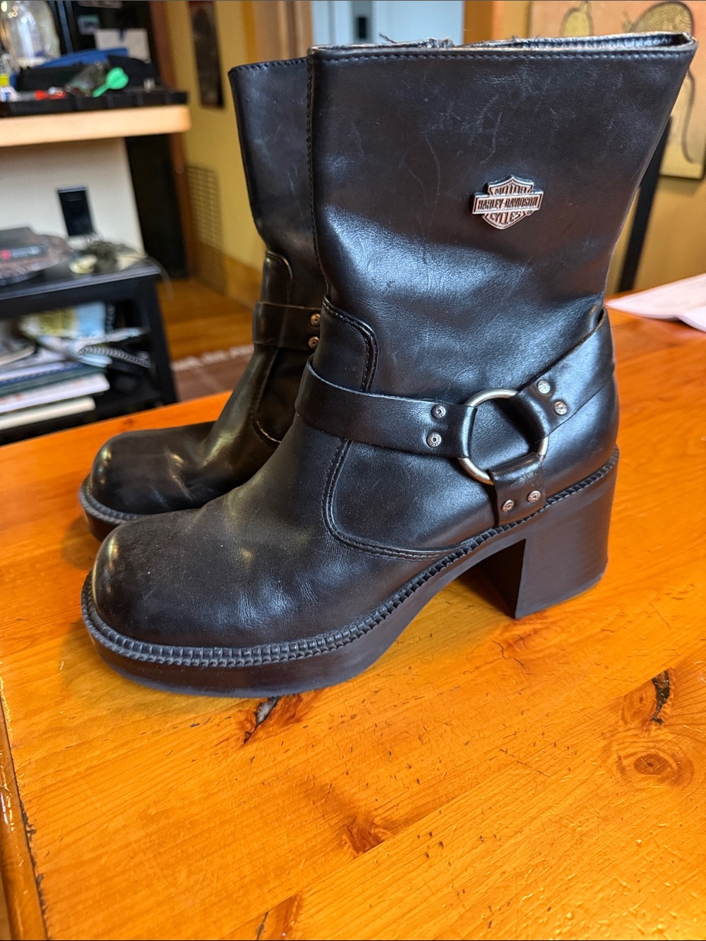 Harley-Davidson Black Leather Women's Mid-Calf Harness Heeled Boots